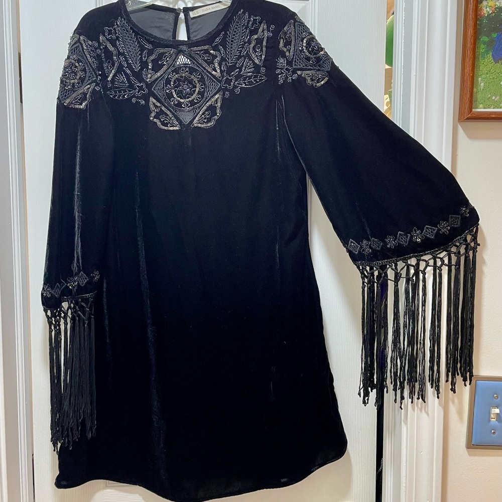 Zara black velvet minidress with sequin & fringe detail, sz M